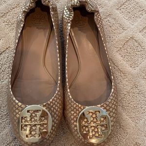 Tory Burch Gold Leather Snakeskin Minnie Flat Shoe